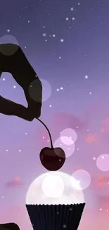 Surreal artwork with a cherry and moon against a purple pink sky.