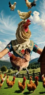 Surreal poster with chickens and scenic sky background.