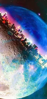 Surreal cityscape and moon wallpaper with vibrant blue and cosmic colors.