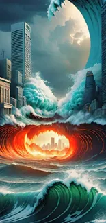 Surreal cityscape with ocean waves and fire.