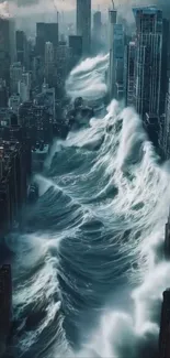 Surreal ocean waves crash through a city.