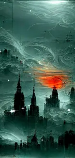 Mystical urban skyline with sunset and swirls.