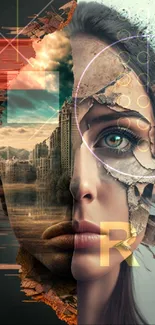 Surreal art wallpaper with cityscape and woman's face fusion.