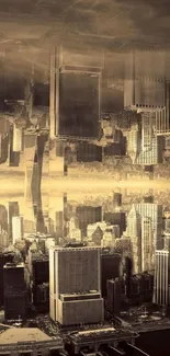 Surreal sepia-toned cityscape with modern architecture.