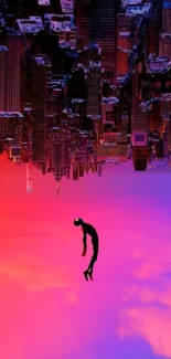 Surreal cityscape with silhouette and vibrant gradient.