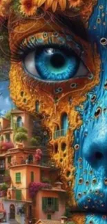 Surreal artwork with a vivid blue eye and fantastical cityscape.