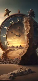 A surreal mobile wallpaper with a desert and large clock under a moody sky.