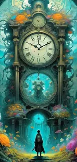 Surreal fantasy artwork of a clock with vibrant floral elements.