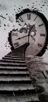 Surreal black and white clock with staircase artwork, symbolizing time and dreams.