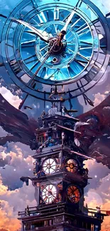 Surreal clock tower with cosmic skies.