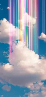 Surreal clouds with rainbow rays against a blue sky.