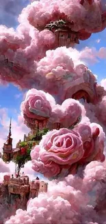 Surreal castle in pink clouds mobile wallpaper.