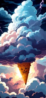 Surreal cloud ice cream cone with lightning in a vibrant sky.