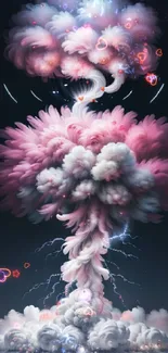 Surreal pink cloud explosion with artistic design on a mobile wallpaper.