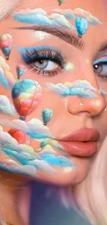 Surreal face art with clouds and balloons, vibrant colors.