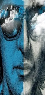 Split face design with cloud sunglasses and blue-gray tones in surreal art style.