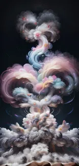 Surreal cloud formation with vibrant colors on a dark sky background, artistic and ethereal.