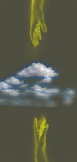 Surreal wallpaper with floating hands and clouds.