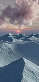 Surreal landscape with a pink cloud over icy mountain peaks.