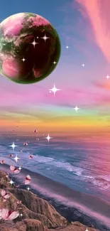 Surreal coastal sunset with floating planet and pastel sky wallpaper.