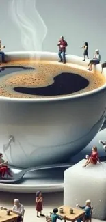 Miniature people on a steaming coffee cup in a surreal art design.