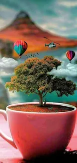 Surreal coffee cup with tree and balloons in vibrant colors.