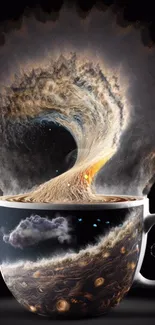 Surreal coffee cup with cosmic swirl art design in a dark brown theme.