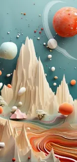 Surreal 3D cosmic landscape with planets and abstract designs.