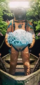 Astronaut holding orb in a lush, surreal setting.