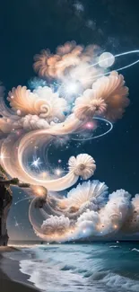 Surreal cosmic beach scene with celestial clouds and ocean waves.