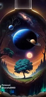 Surreal artwork of planets and a tree inside a bottle.