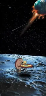 Cartoon character dining on the moon with Earth in flames.