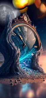 Surreal cosmic clock with planets and a dreamy universe setting.