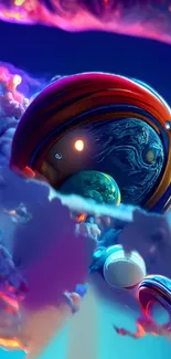 Surreal cosmic wallpaper with planets and clouds in vibrant colors.