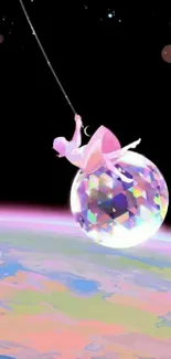 Surreal artwork of girl on crystal ball in space.