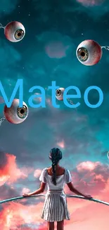 Surreal galaxy wallpaper with a girl and floating eyeballs under a colorful sky.