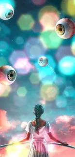 Surreal cosmic art with floating eyeballs and a figure in a dreamlike landscape.