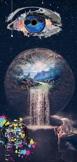 A surreal cosmic eye with waterfall art and ethereal boat on starry night background.