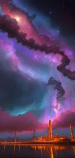 Surreal cosmic factory with a vibrant galaxy sky.