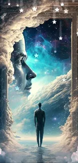 Surreal cosmic fantasy wallpaper with celestial gateway and dreamlike scene.