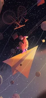 Surreal cosmic fantasy wallpaper with floating planets and paper plane.