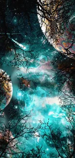 Surreal cosmic forest wallpaper with planets and silhouetted branches.