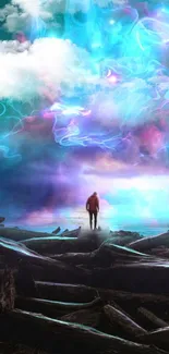 Surreal cosmic landscape with vibrant skies and a lone figure.