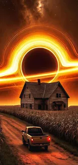 A surreal cosmic landscape with a black hole and rustic house under glowing sky.