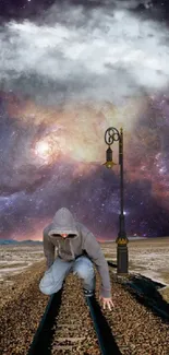 Surreal artwork of a hooded figure on train tracks amidst a cosmic background.