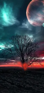 Surreal landscape with tree and planets under a vibrant teal and red sky.