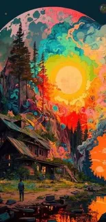 Surreal cosmic landscape with vibrant colors and a rustic house.