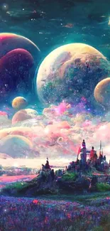 Surreal fantasy landscape with colorful planets and a mystical castle.