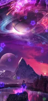 Surreal cosmic landscape with nebulae and planets above mountains.