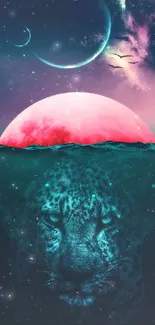 Leopard under pink moon with teal ocean and cosmic sky.